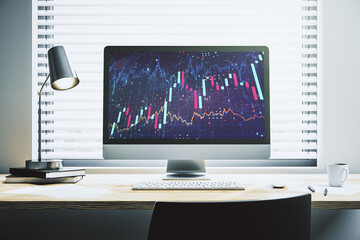 Modern computer display with abstract financial graph, financial and trading concept. 3D Rendering