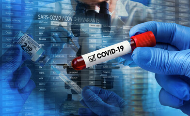 Blood tube labeled with the name Covid-19 Coronavirus Test. In background data with incidence...
