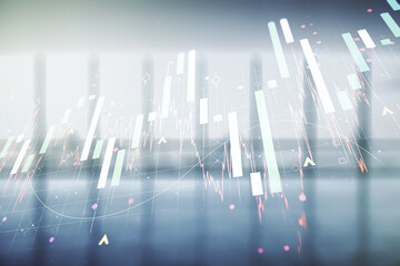 Multi exposure of abstract virtual financial graph hologram on empty corporate office background, forex and investment concept