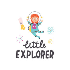 Girl child astronaut flying in space with stars, meteorite, and scientific symbols. Black and white lettering with the phrase little explorer. Space-themed illustration for children design 