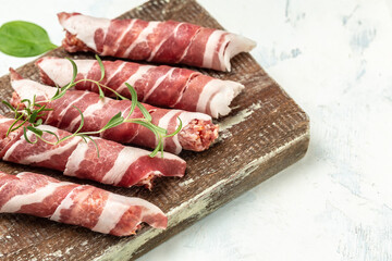 rolls of meat with bacon, chevapchichi or Kofta kebab, banner, menu, recipe place for text, top view