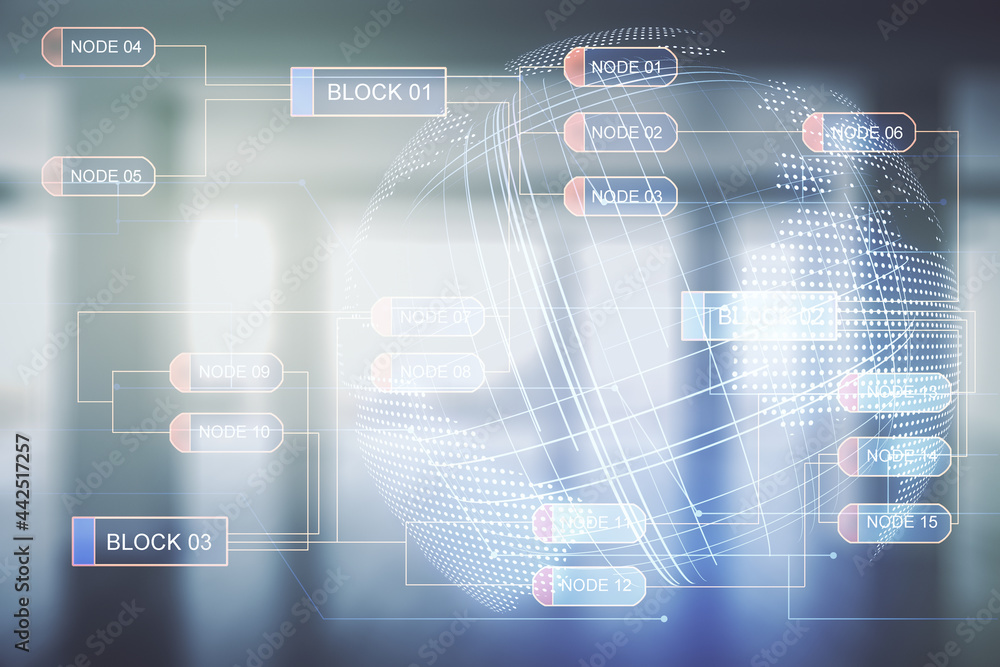 Poster abstract virtual coding concept and world map hologram on empty corporate office background. multiex