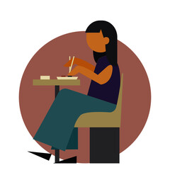 Young Woman Eating Delicious Asian Food, Cheerful Girl Sitting at Table Eating Sushi Cartoon Vector Illustration