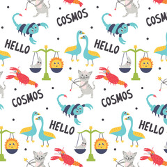 Seamless astrological pattern with zodiac signs. Digital paper cosmos space for nursery baby wallpaper, fabric textile