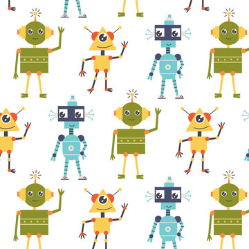 Seamless pattern with alien robots. Digital paper cosmos space for nursery baby wallpaper, fabric textile