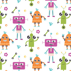 Seamless pattern with robots and tools. Digital paper cosmos space for nursery baby wallpaper, fabric textile