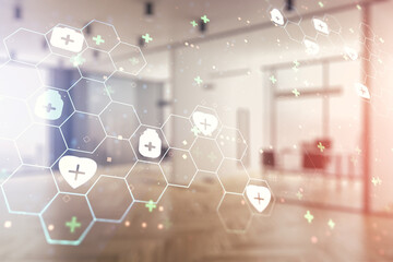 Double exposure of abstract virtual medical hologram on modern corporate office background. Healthcare technolody concept