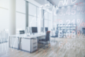 Fototapeta na wymiar Double exposure of virtual creative financial diagram on a modern furnished office interior background, banking and accounting concept