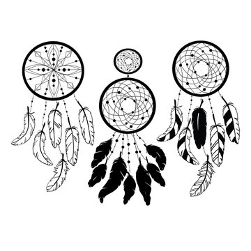Set of 3 Dreamcatcher silhouettes, ethnic vector illustration EPS 10 isolated on white. Suitable for printing on a t-shirt