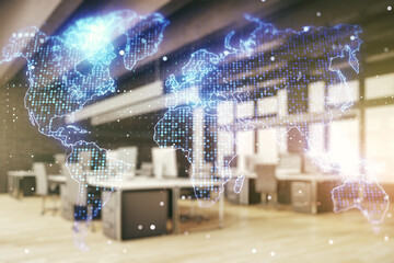 Double exposure of abstract digital world map hologram on a modern furnished office interior background, big data and blockchain concept