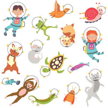 Set of cute animals astronauts and children in space. Vector collection
