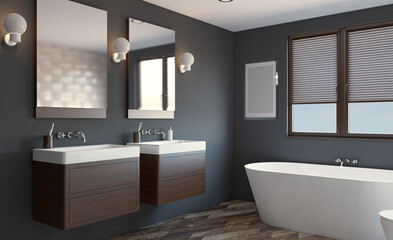 Fototapeta na wymiar Scandinavian bathroom, classic vintage interior design. 3D rendering.. Blank paintings. Mockup.
