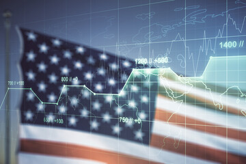 Double exposure of abstract creative statistics data hologram on US flag and blue sky background, analytics and forecasting concept