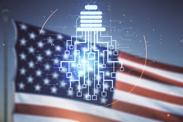 Virtual creative idea concept with light bulb and microcircuit illustration on USA flag and sunset sky background. Neural networks and machine learning concept. Multiexposure
