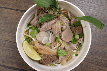 Vietnamese poh beef noodles soup broth with beef ball brisket tripe stomach parts been sprout thai...