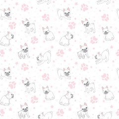 Seamless pattern with cute french bulldog on white background.