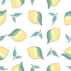 Fresh lemons background, hand drawn icons. Doodle wallpaper vector. Colorful seamless pattern with fresh fruits collection.