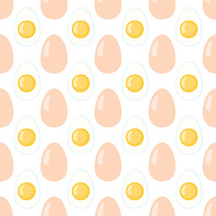 Broken eggs seamless pattern. Breakfast background. Scrambled eggs seamless pattern. Scrambled eggs isolated on yellow background