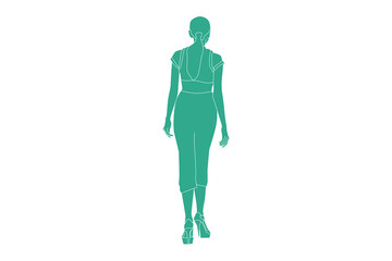 Vector illustration of fashionable woman walking looks from behind, Flat style with outline