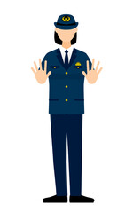 若い女性警官のポーズ、両手を前に出して制止する