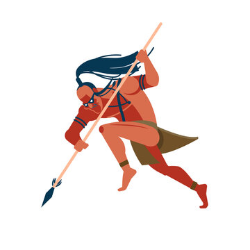 Warrior of indigenous African tribes, an Australian and American set of aborigines, a member of the tribe attacks the enemy with a spear in his hand. Vector illustration on white background.