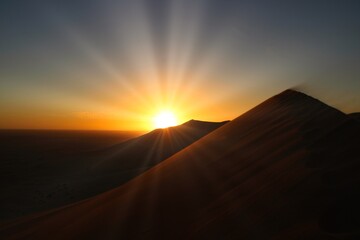 Fototapeta na wymiar Panoramic Sunset over Dune 7 in Namib Desert, Namibia close to the city of Walvis Bay