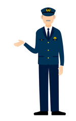 シニア男性警官のポーズ、案内する