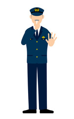 シニア男性警官のポーズ、笛を吹いて制止する