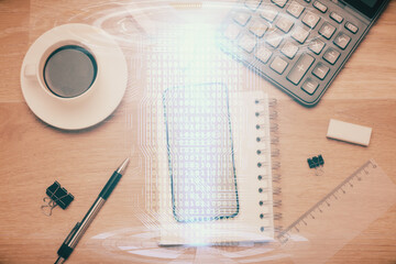 Multi exposure of technology theme drawing over work table desktop. Top view. Global data analysis concept.