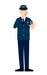 シニア女性警官のポーズ、笛を吹いて制止する