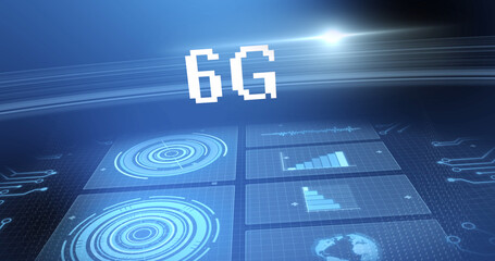 Naklejka premium Image of 6g text with scope scanning and data processing on screens over grid on blue background