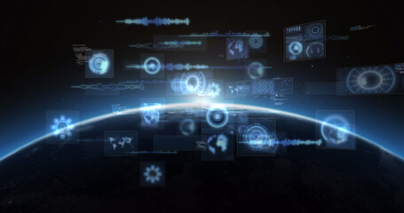 Image of scopes scanning and data processing on screens over globe with glowing horizon