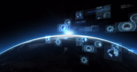 Image of scopes scanning and data processing on screens over globe with glowing horizon