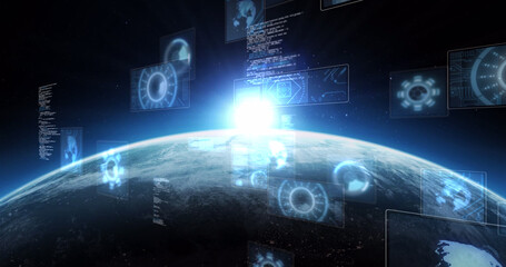 Image of scopes scanning and data processing on screens over globe with glowing horizon