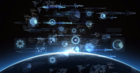 Image of scopes scanning, world map, data processing on screens over globe with glowing horizon