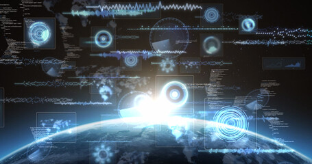 Image of scopes scanning, world map, data processing on screens over globe with glowing horizon