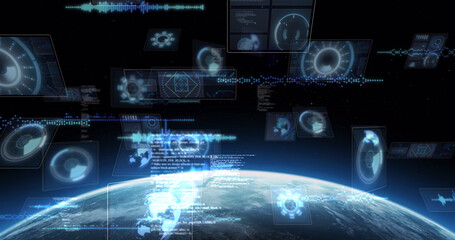 Fototapeta premium Image of scopes scanning, world map, data processing on screens over globe with glowing horizon