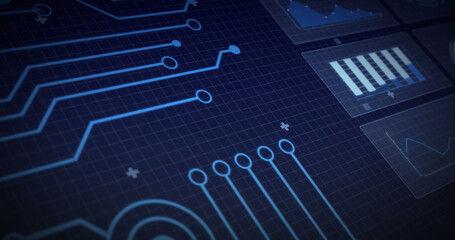 Image of processor elements and data processing on screen over grid
