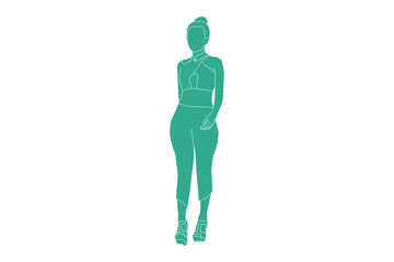 Vector illustration of fashionable woman walking on the sideroad, Flat style with outline