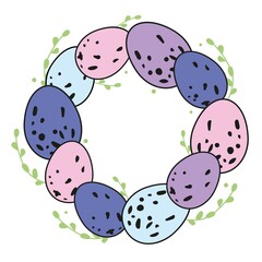 Vector Easter wreath with colored eggs and branches on white background.
