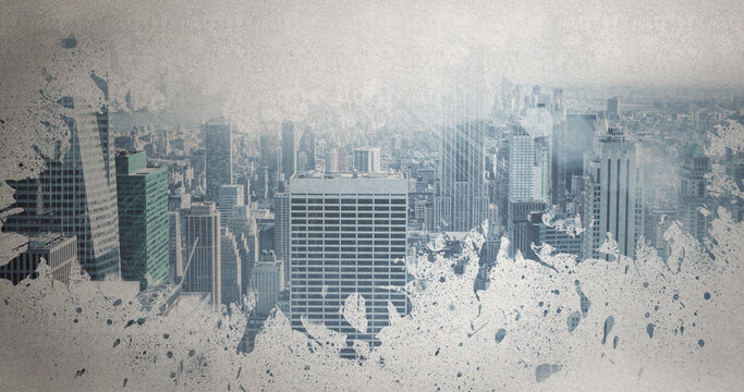 Image of cursor moving over social media messages on multi colored banners and cityscape