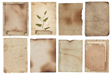 Bunch of Old vintage texture retro paper with burned edges, stains and scratches background