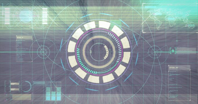 Light trails and glitch effect against round neon scanner and digital interface with data processing