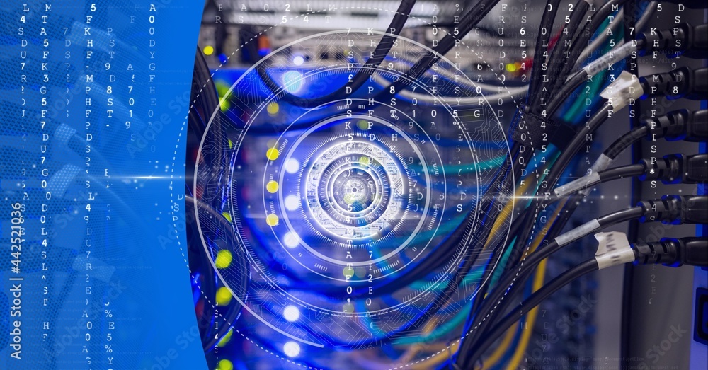 Poster round scanner and data processing over computer server against blue technology background