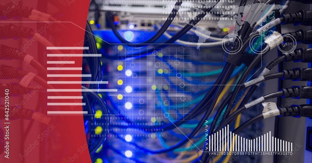 Poster data processing over close up view of computer server against red technology background