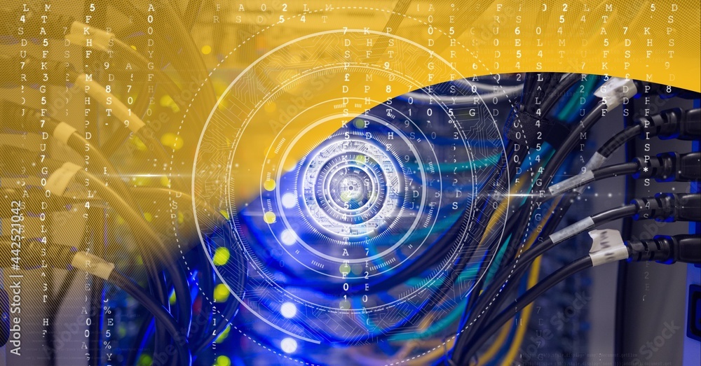 Poster round scanner and data processing over computer server against yellow technology background