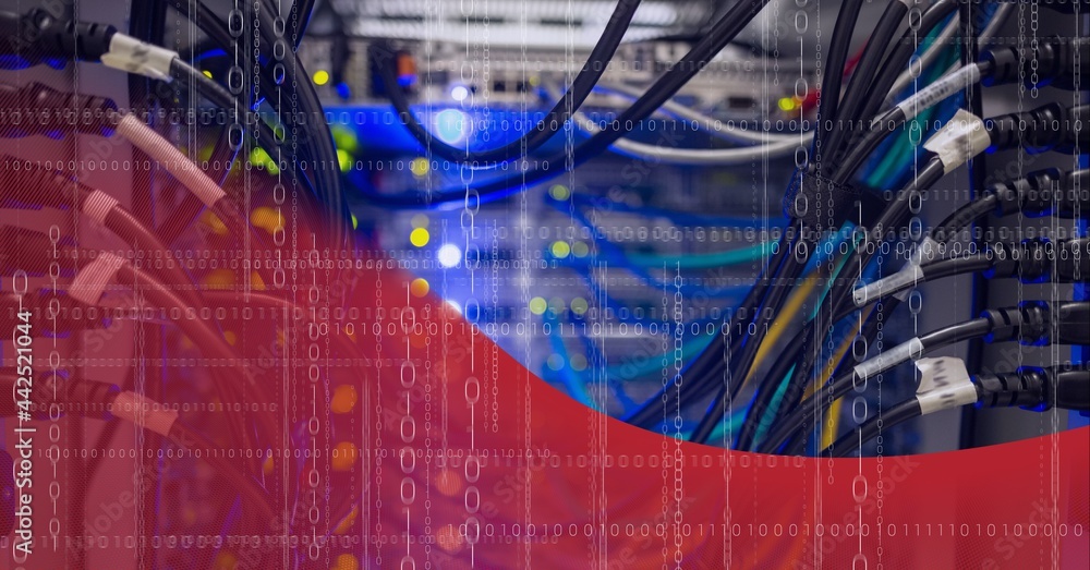 Aufkleber data processing over close up view of computer server against red technology background