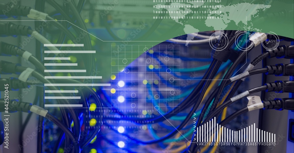 Poster data processing over close up view of computer server against green technology background