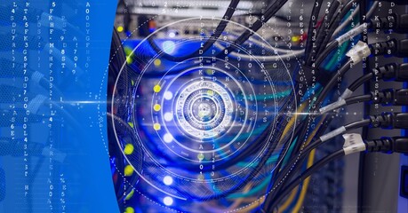 Round scanner and data processing over computer server against blue technology background