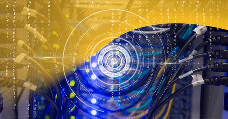 Round scanner and data processing over computer server against yellow technology background